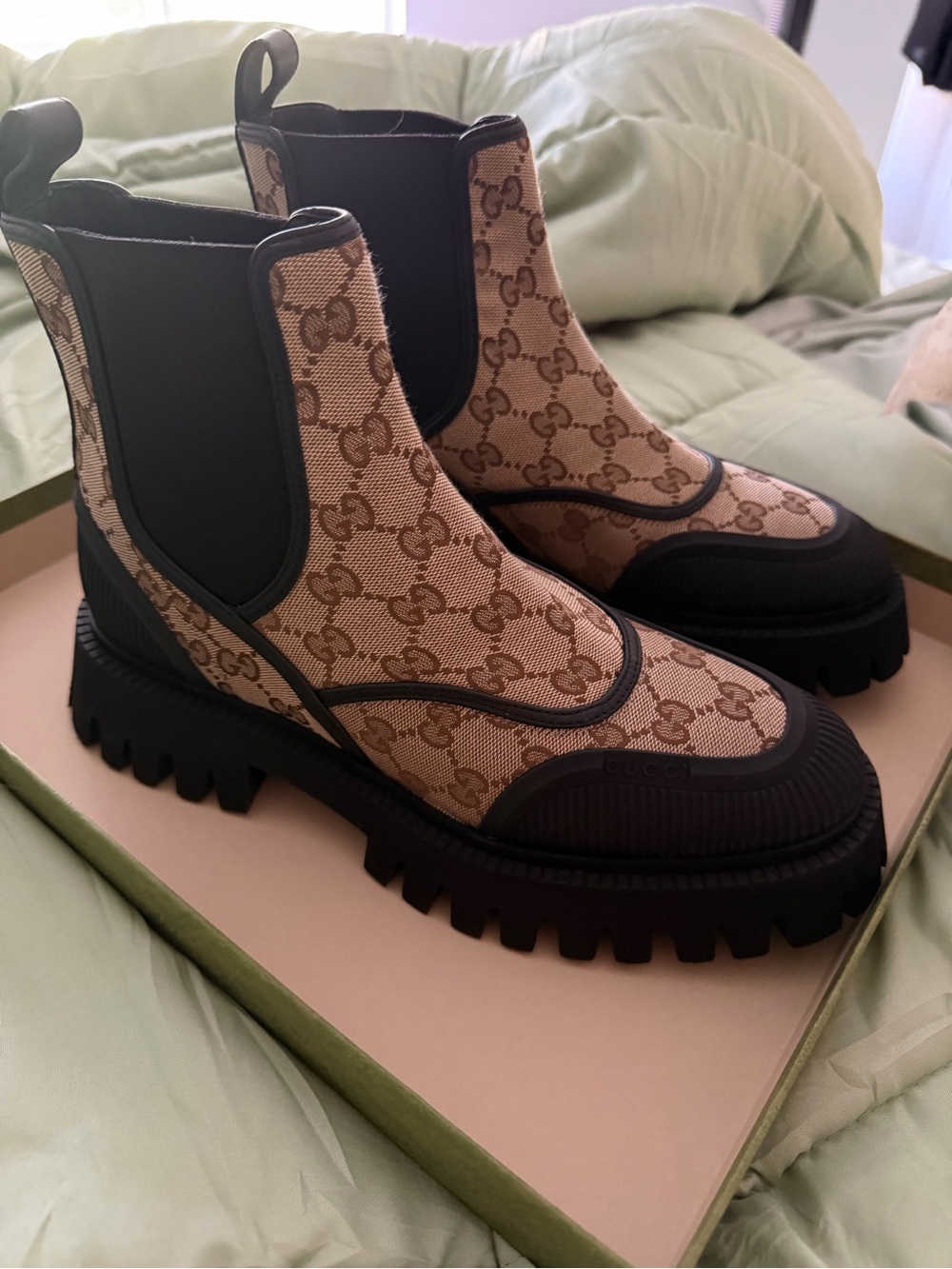 Gucci Beige GG Canvas Chelsea Lug Boots with Black Trim